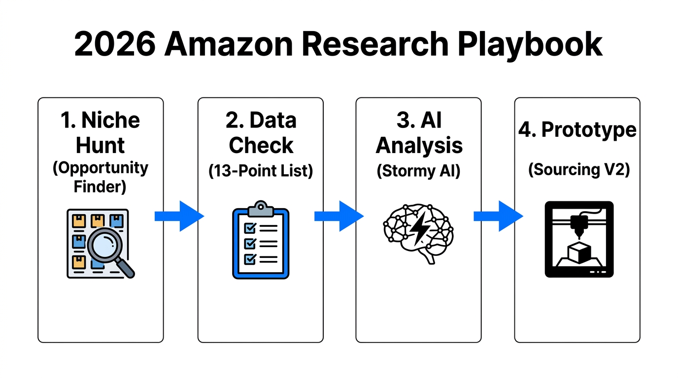 The complete four-step Amazon product research workflow for 2026.