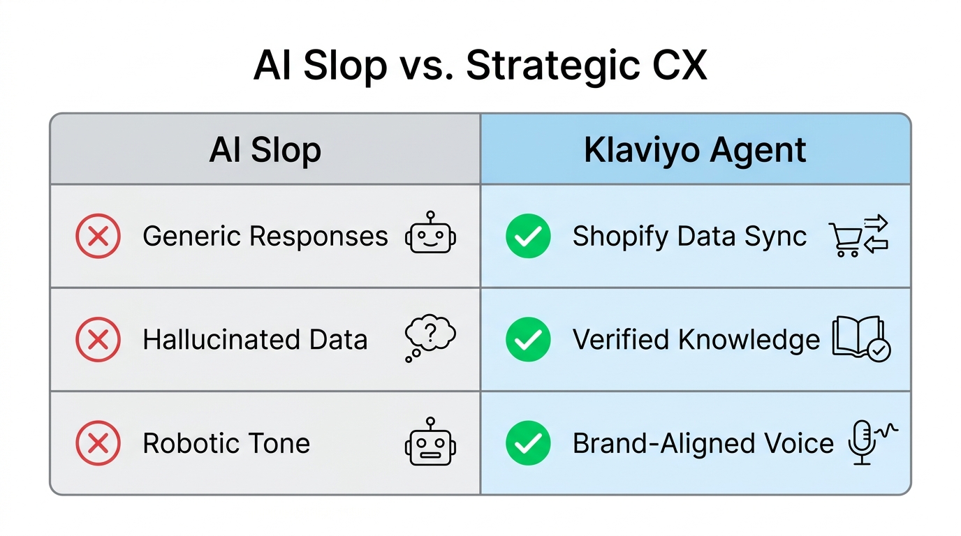 Comparison between low-quality AI responses and Klaviyo's strategic automation.
