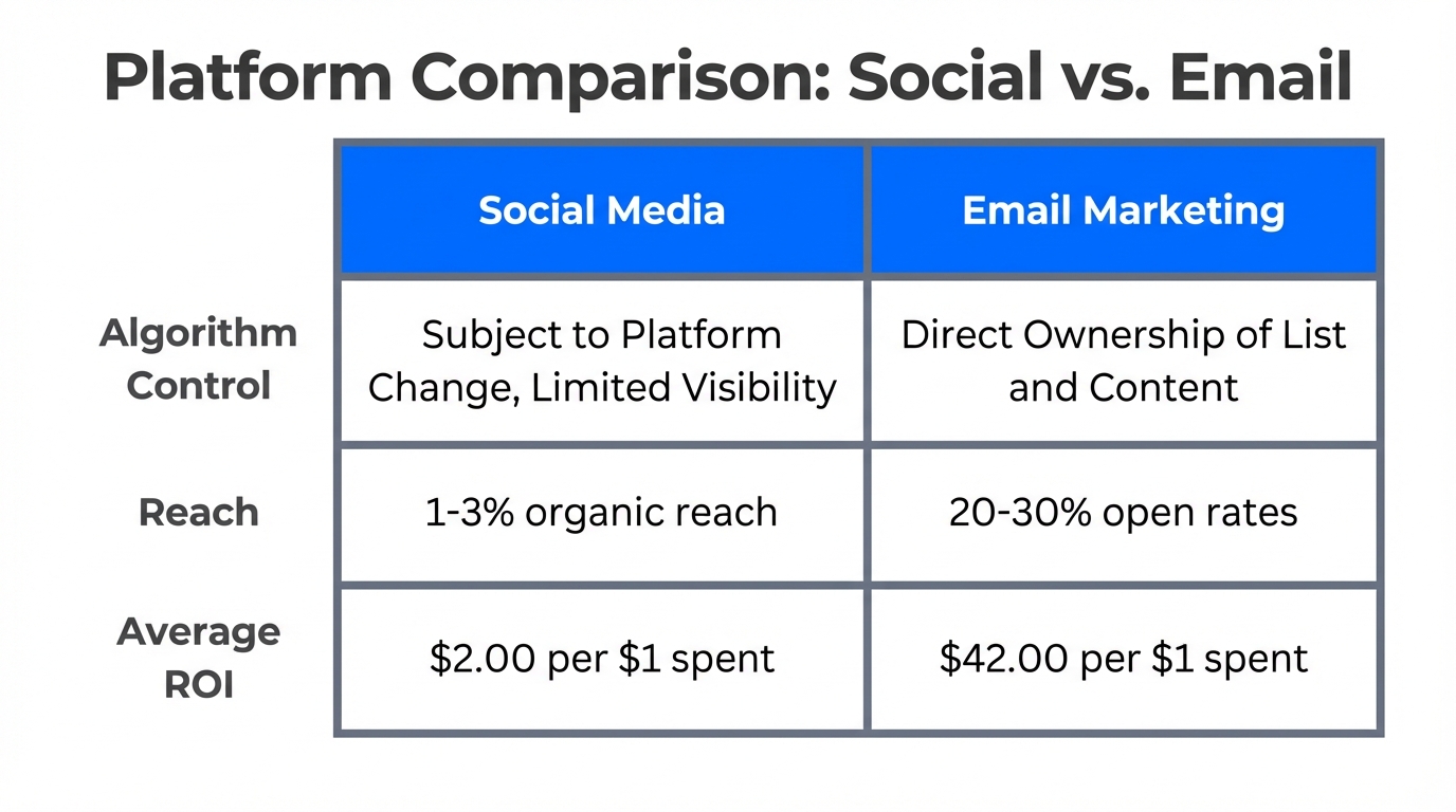 A comparison of ownership, reach, and ROI between platforms.