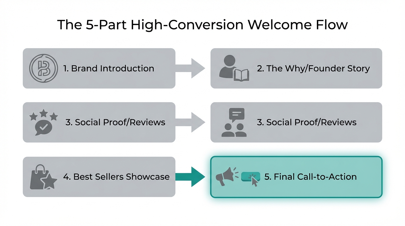 The structural flow of a high-converting 5-part welcome email sequence.