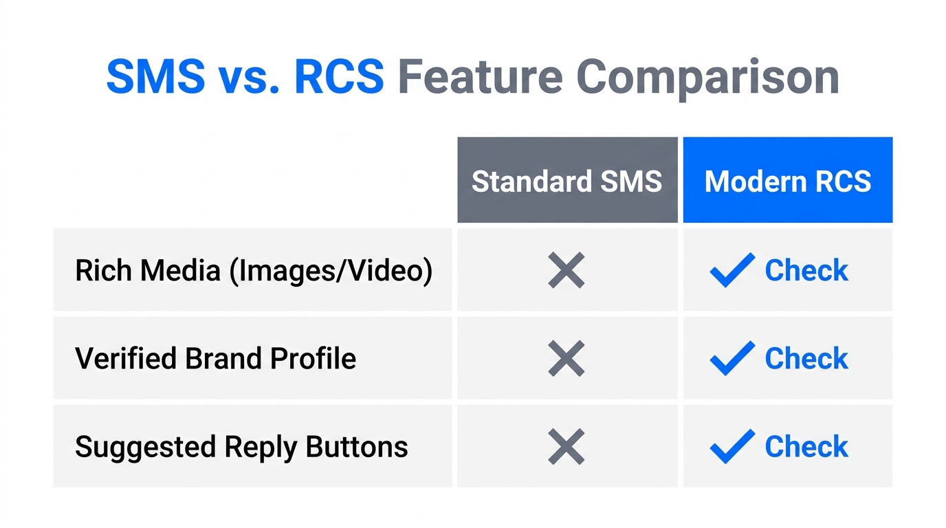 Comparison of features between traditional SMS and next-generation RCS messaging.