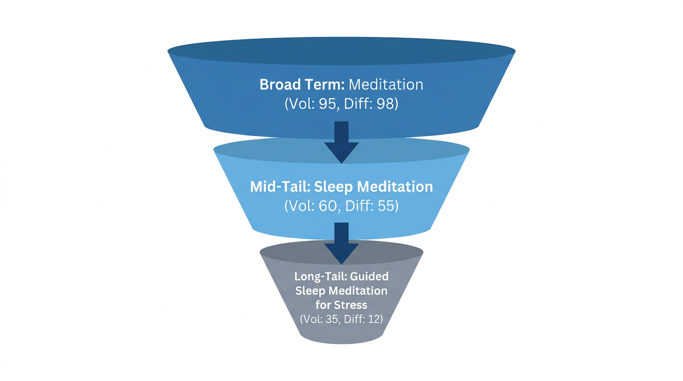 Long-tail keyword funnel showing volume vs. difficulty trade-offs.