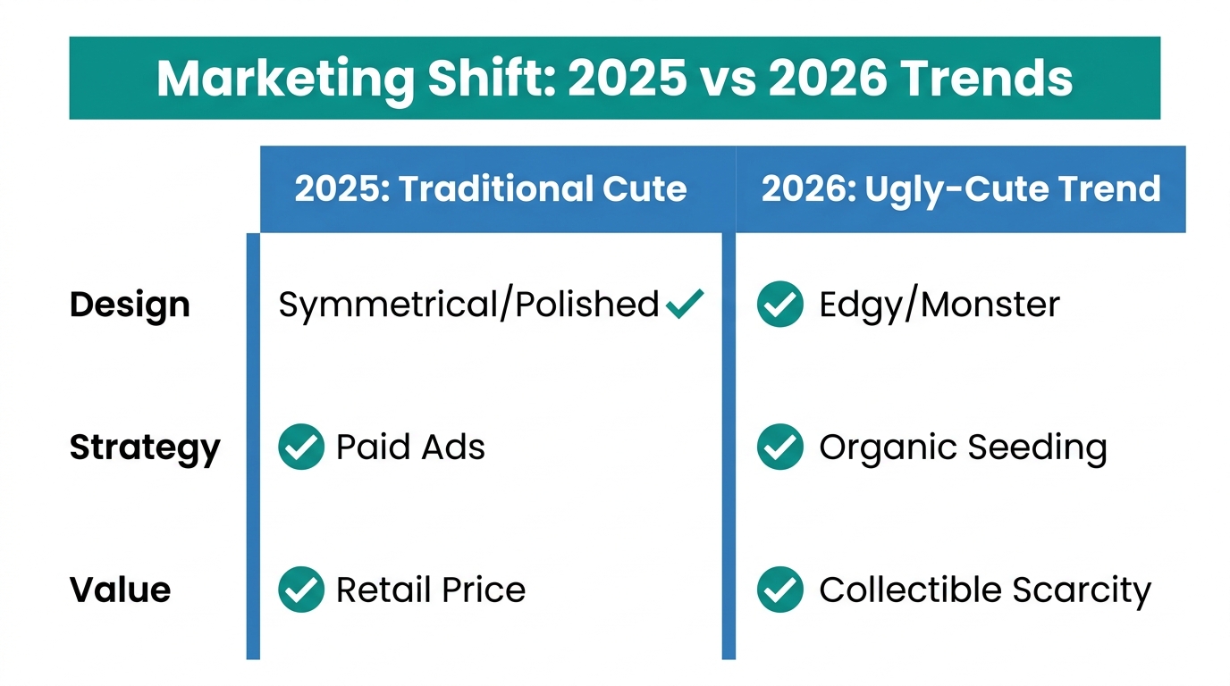 Comparing traditional marketing strategies with the 2026 'ugly-cute' toy trend.