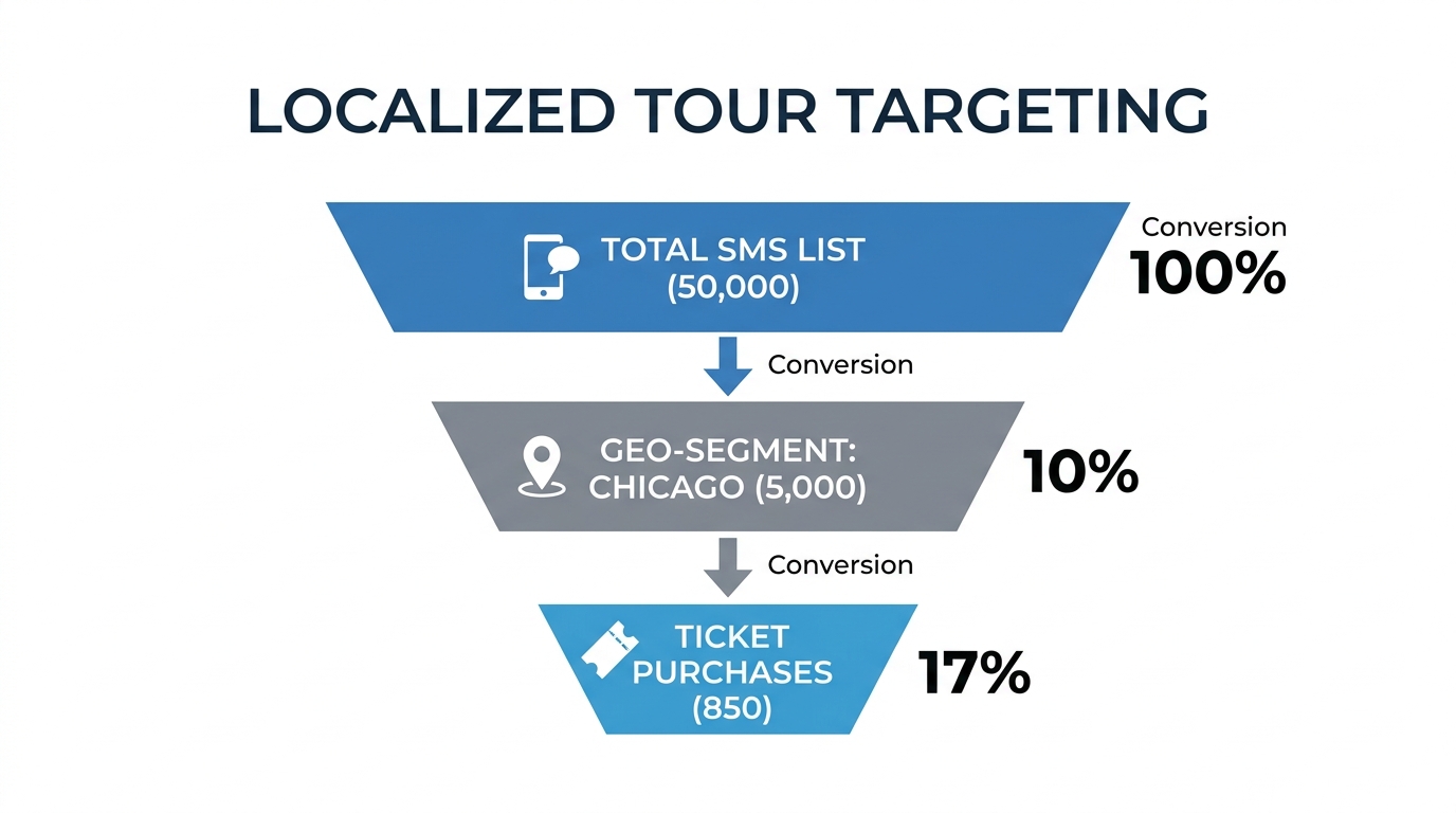 Conversion funnel showing localized SMS targeting for city-specific tour dates.