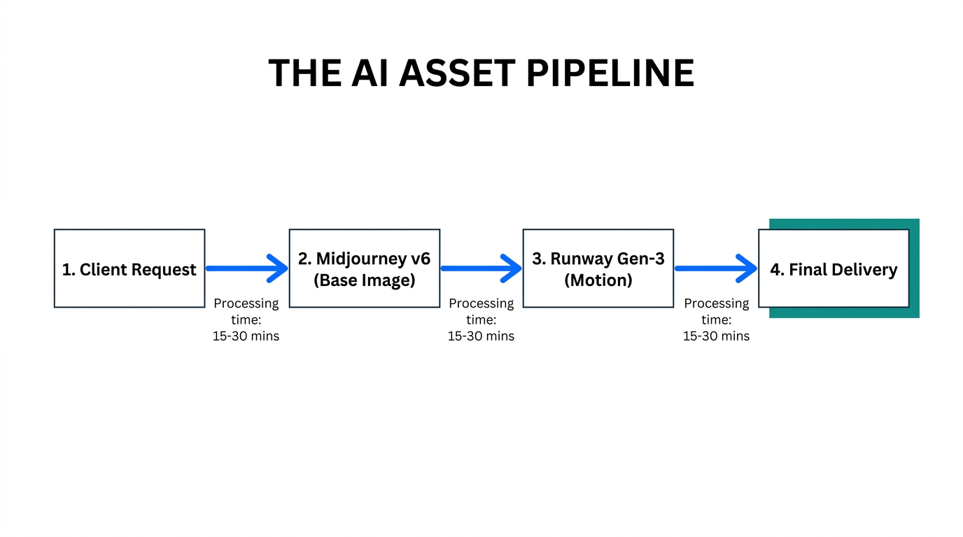 Step-by-step workflow for generating motion design assets using Midjourney and Runway.