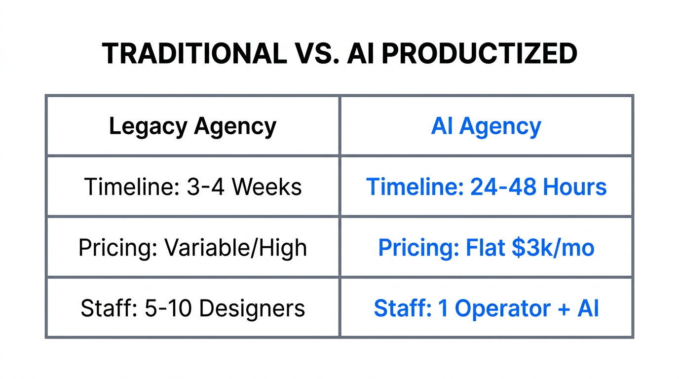 Comparison of traditional agency logistics versus the AI-powered productized model.