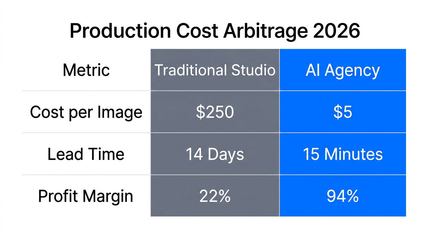 Comparison of traditional studio costs versus AI-driven photography margins.