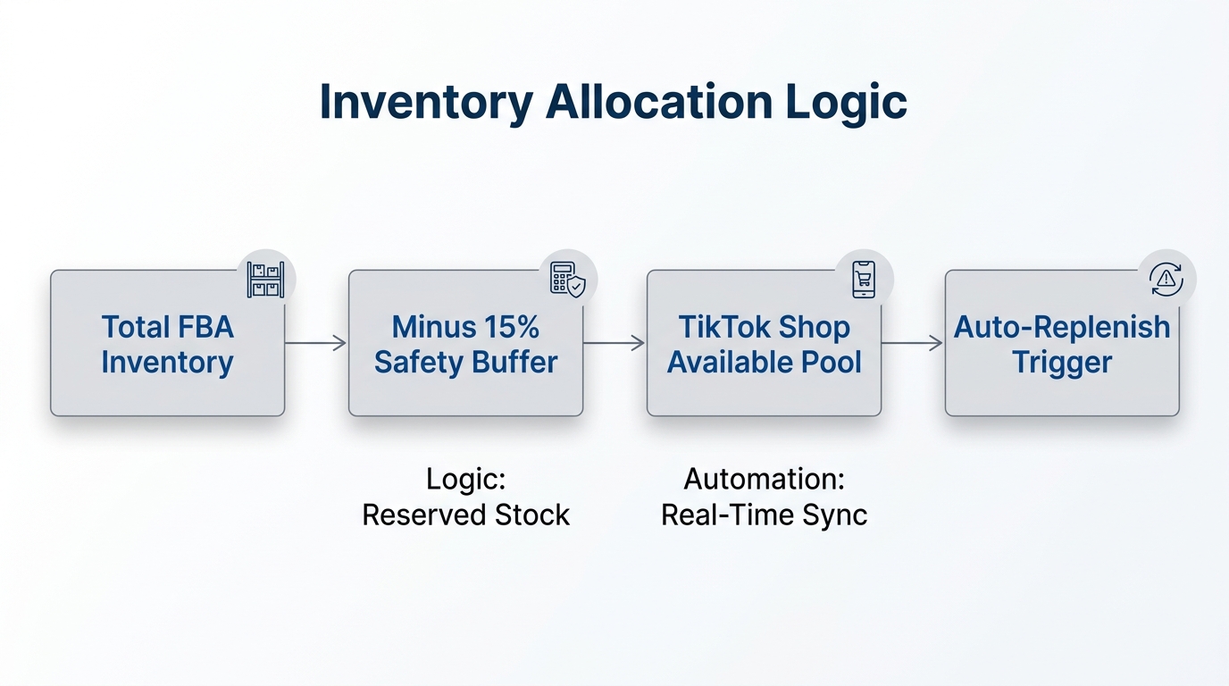 Automated inventory logic flow for cross-platform stock management.