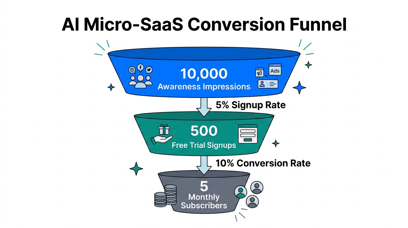 Projected conversion funnel from initial awareness to paid subscribers.