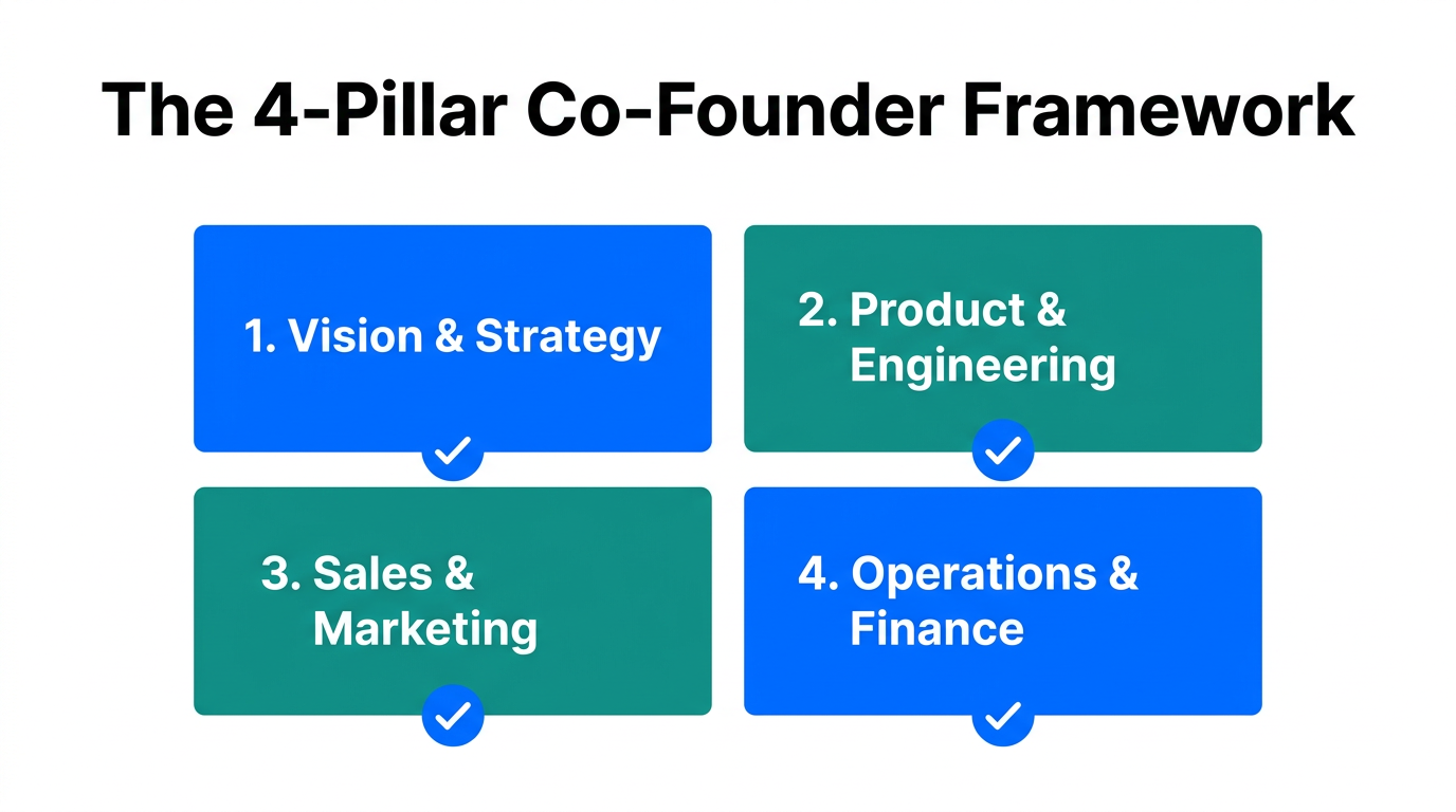 The four essential leadership pillars for a balanced SaaS co-founder team.