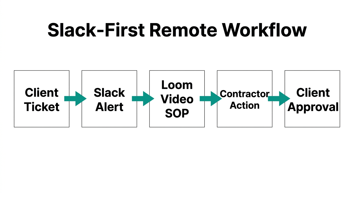 Standardized remote workflow using Slack and Loom for agency efficiency.