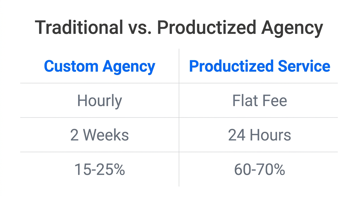 Comparison of traditional custom agencies versus the high-margin productized model.