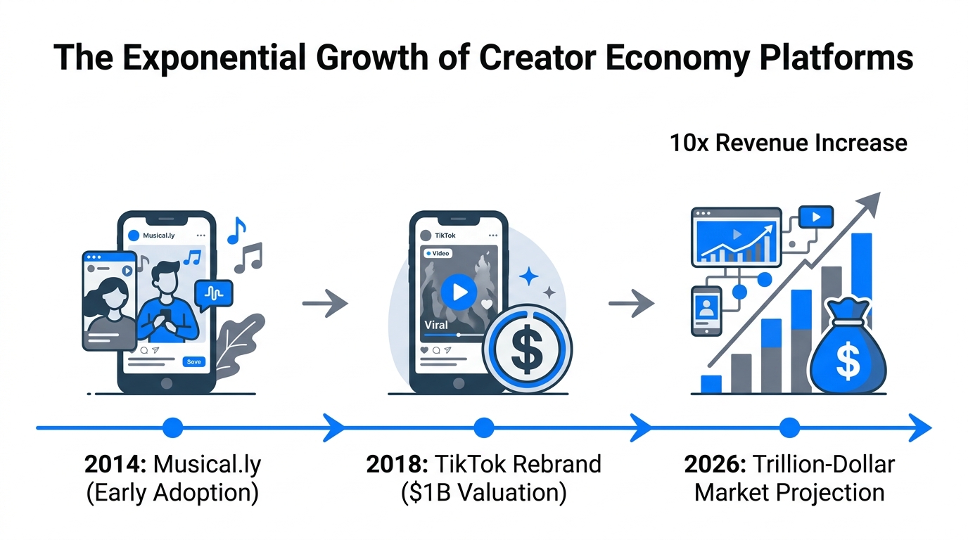 Timeline showing the evolution from Musical.ly to the 2026 trillion-dollar market.