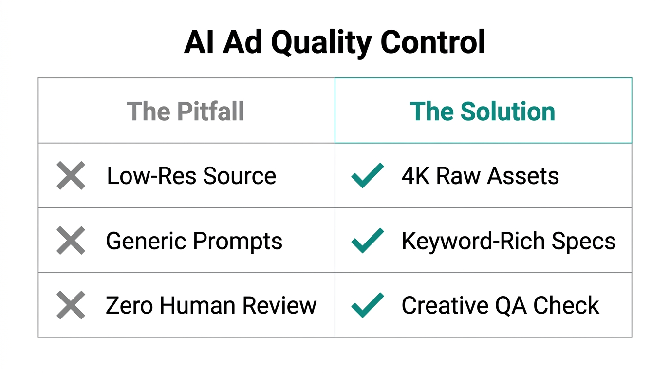 Comparison of common AI ad mistakes versus high-converting best practices.