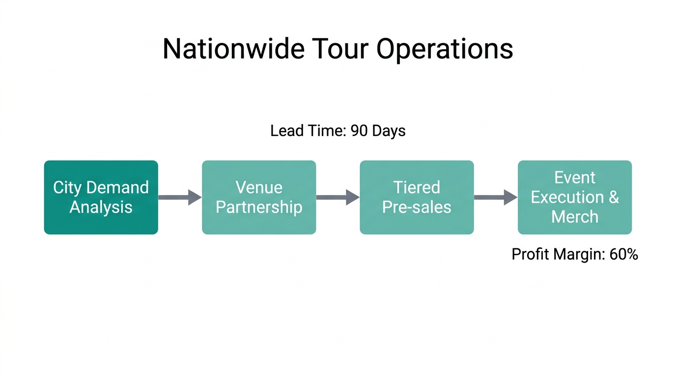The four-stage operational workflow for managing nationwide fitness tours.