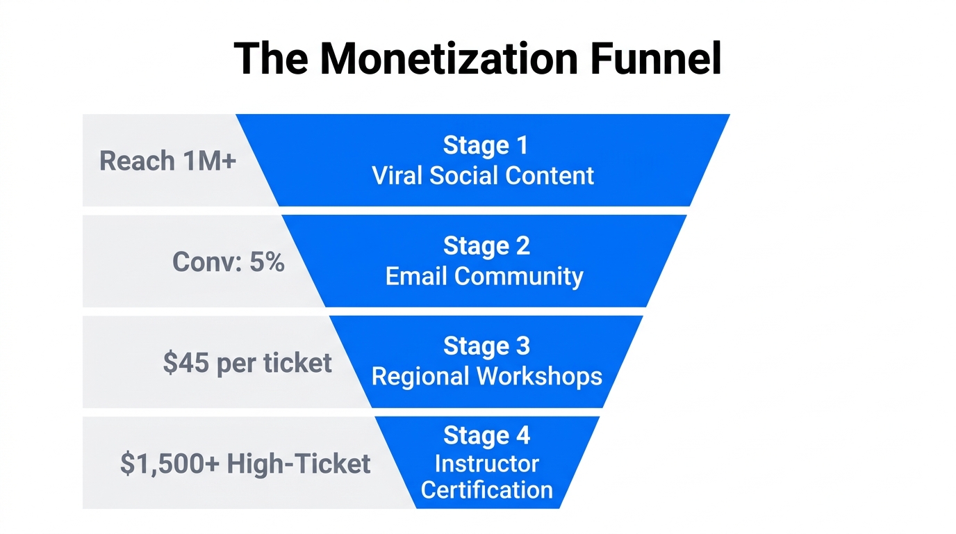 Revenue funnel showing conversion from viral views to high-ticket certifications.