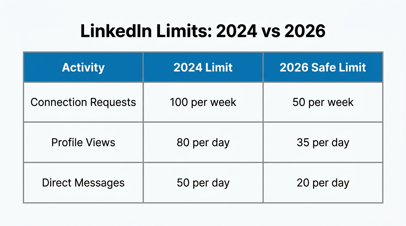 Comparison of LinkedIn safety limits between 2024 and 2026.