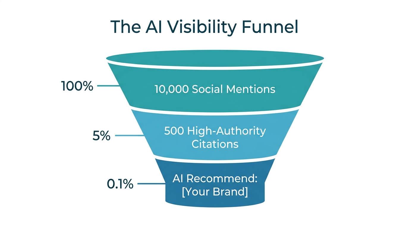 Funnel showing how brand mentions scale into direct AI recommendations.