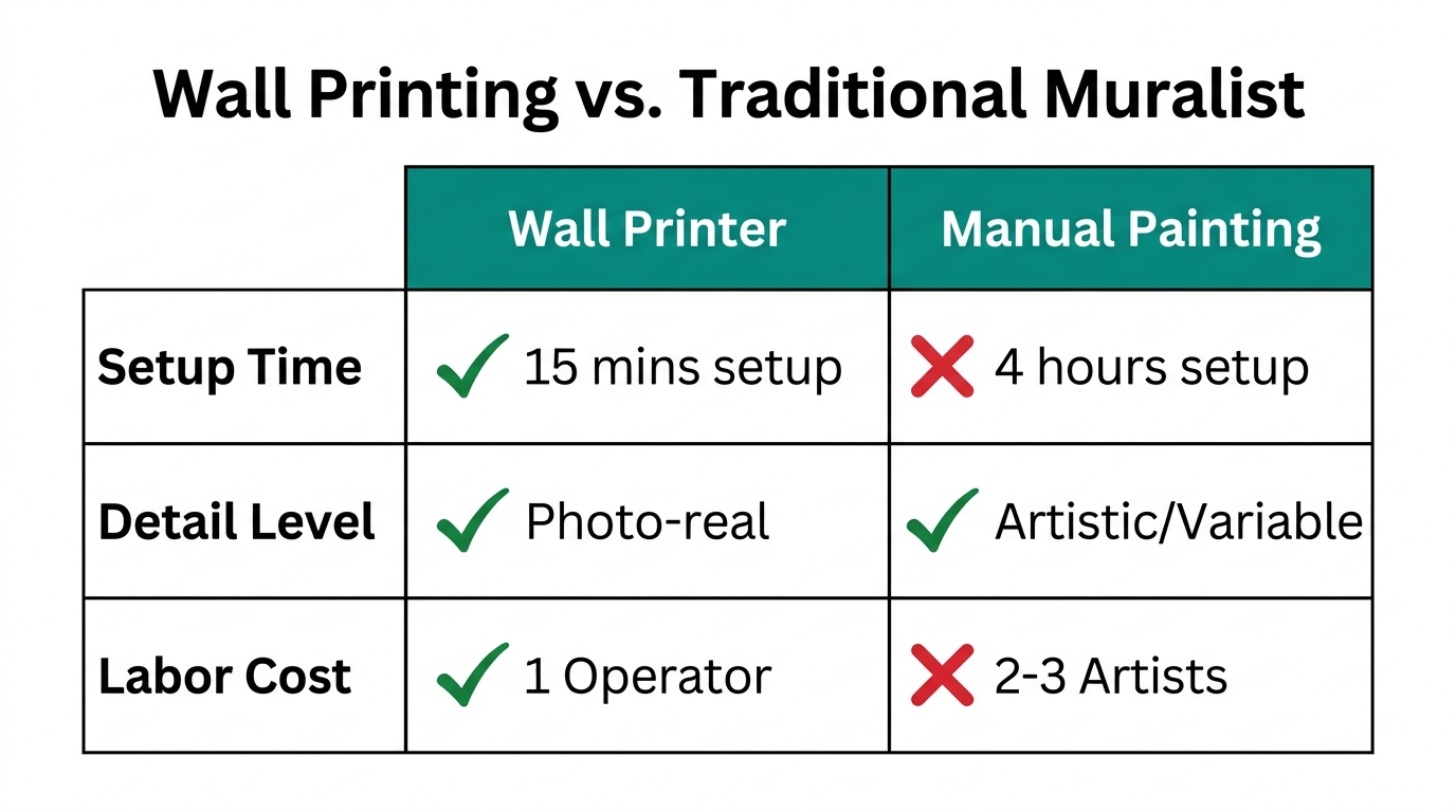 Efficiency comparison between automated wall printing and manual mural services.