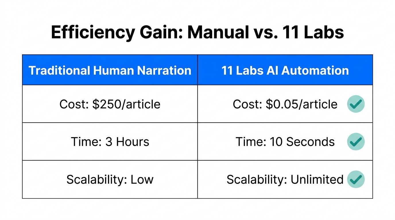 A comparison showing the massive cost and time savings using 11 Labs.