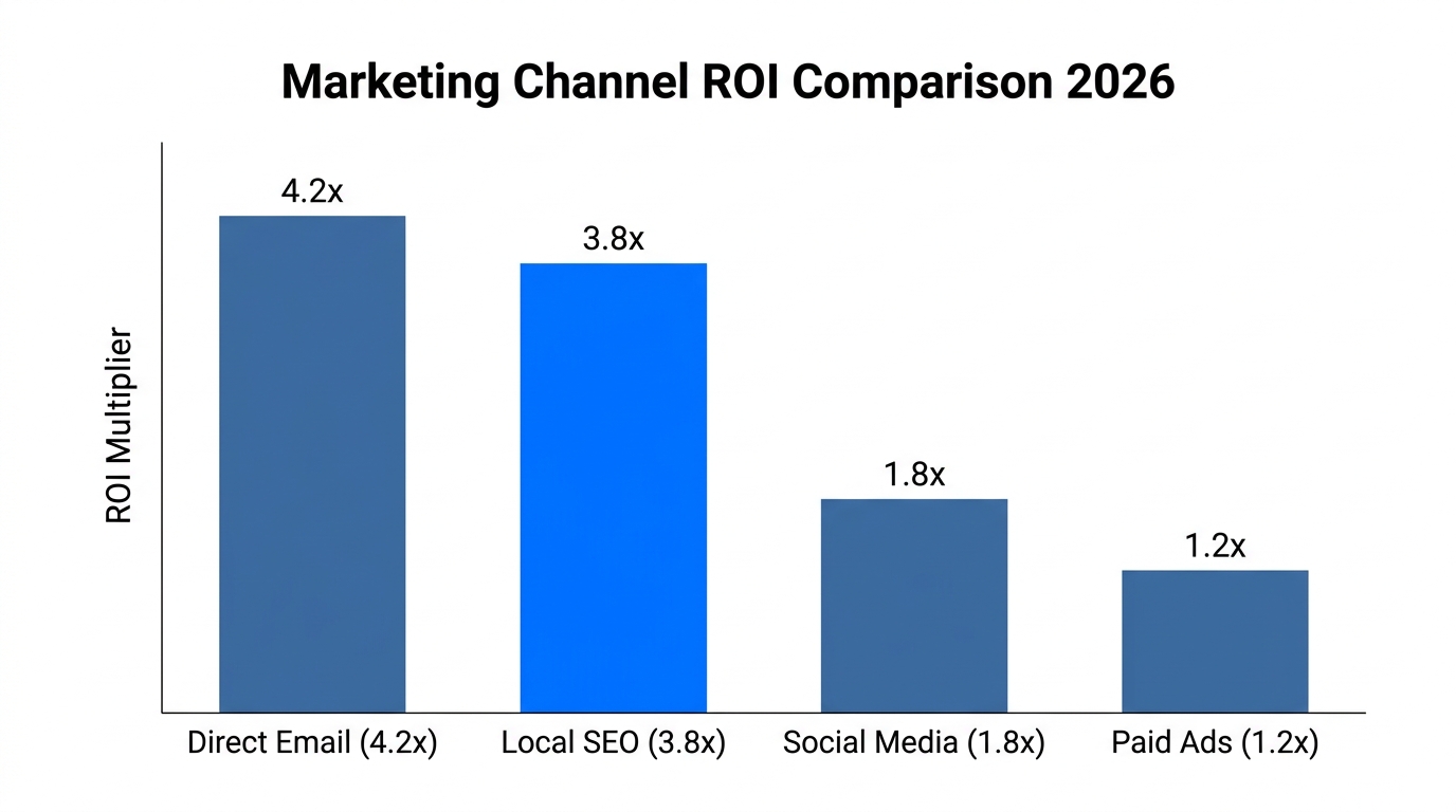 ROI comparison showing the dominance of direct marketing and SEO.