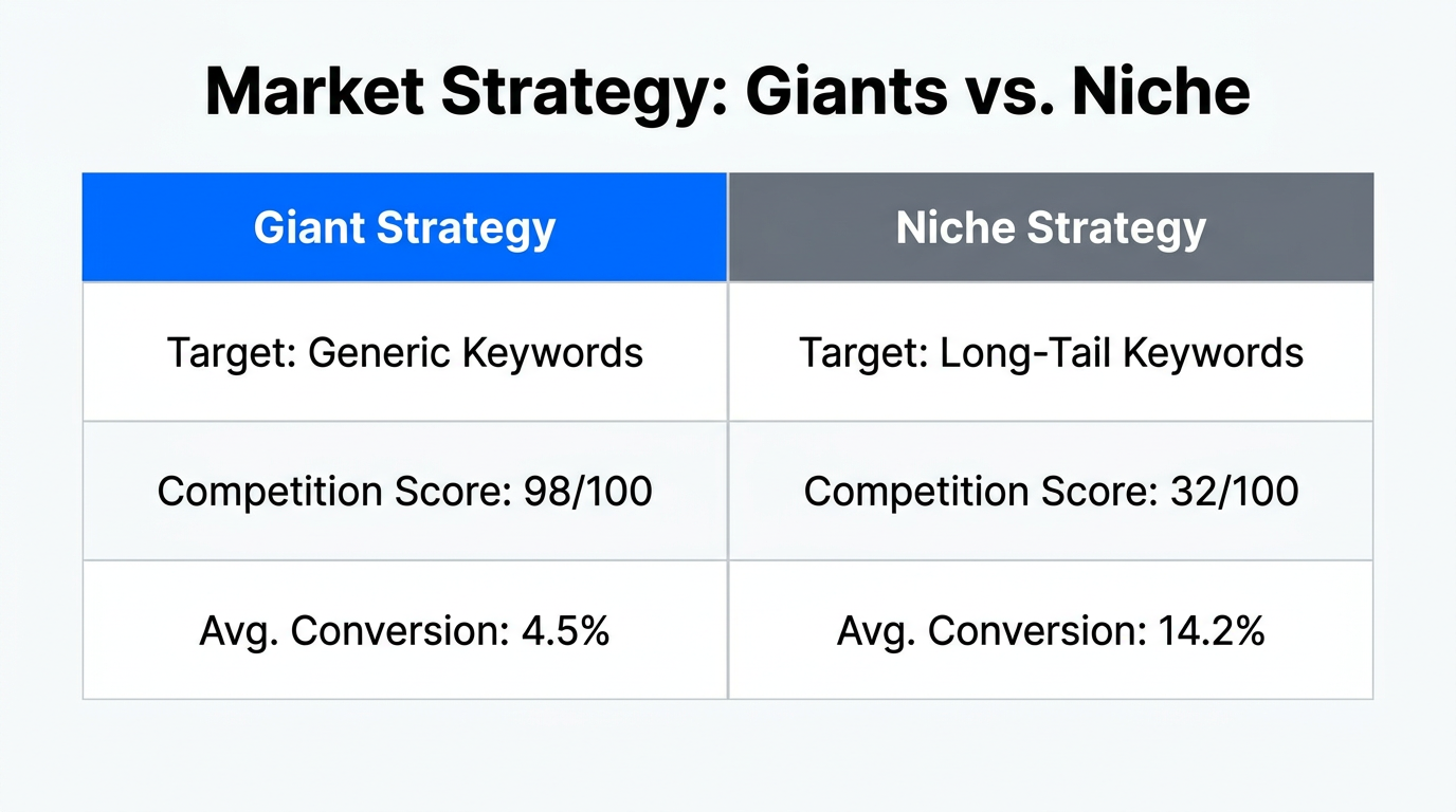 A comparison of performance metrics between generic and long-tail keyword strategies.