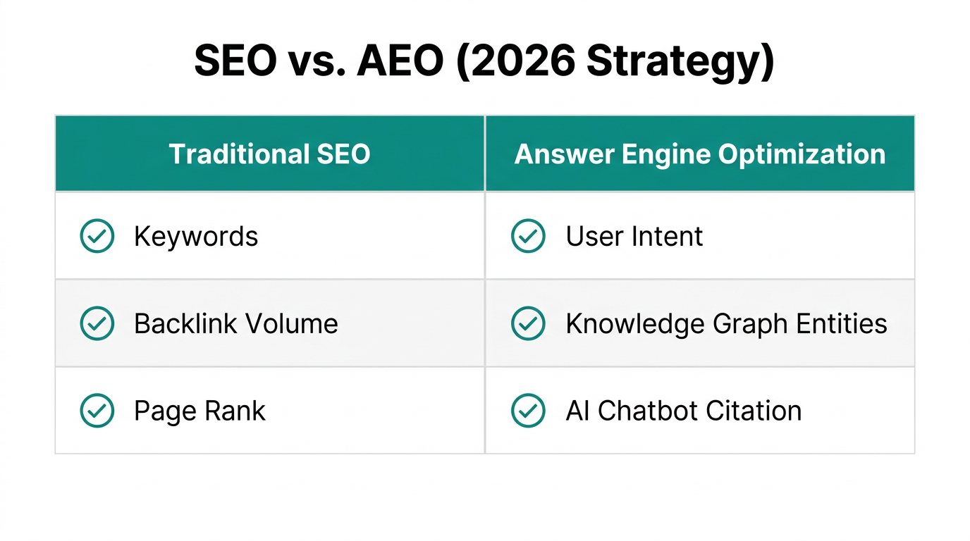 Key differences between traditional SEO and modern Answer Engine Optimization.