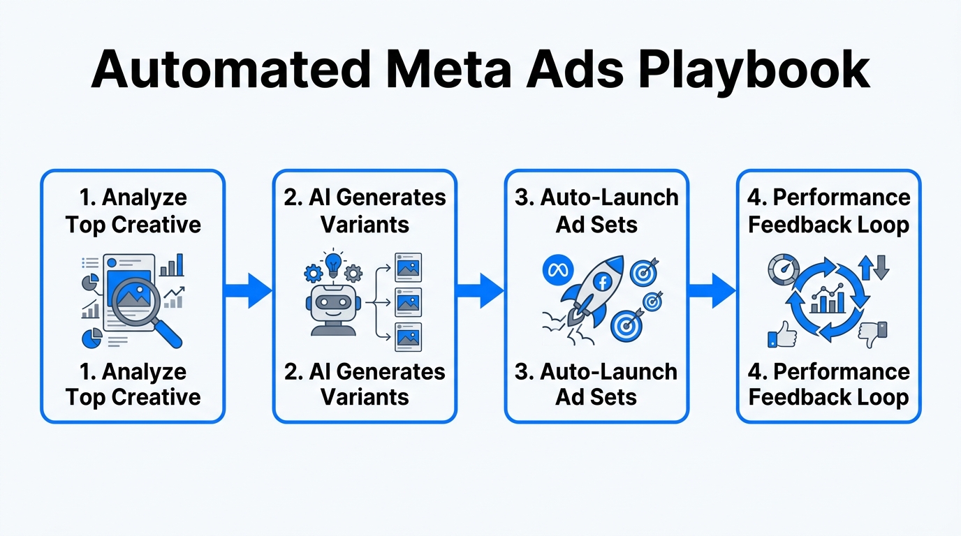 Step-by-step cycle for automating Meta Ads creative and deployment.