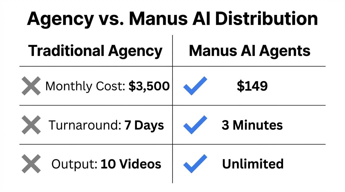Efficiency and cost comparison between traditional agencies and AI distribution.