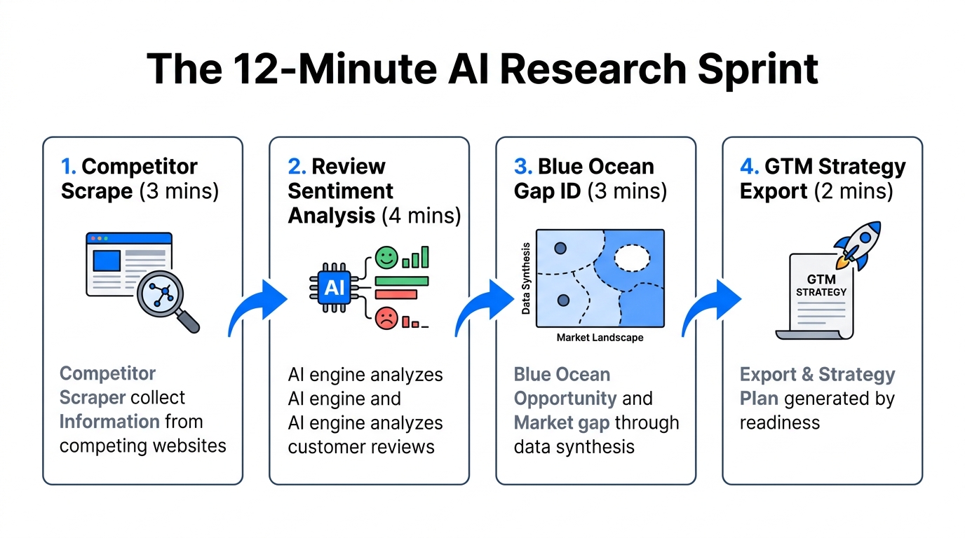 The four stages of a 12-minute automated market research sprint.