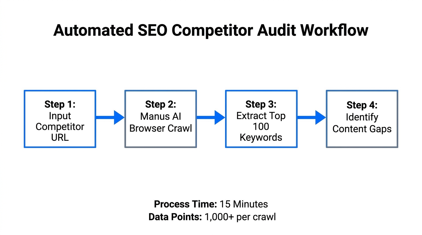Step-by-step workflow for automated competitor SEO audits using Manus AI.