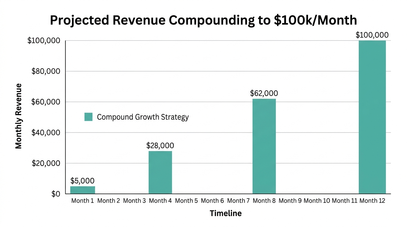 Monthly revenue growth projection using the ManyChat virality playbook.