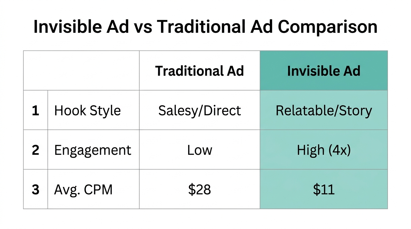 Comparison of performance metrics for invisible ads versus traditional ads.
