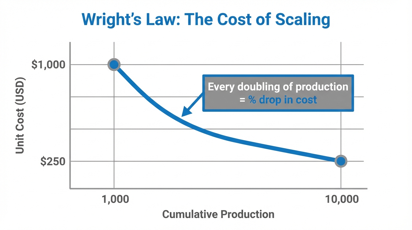 Visualization of Wright's Law showing cost reduction through cumulative production.