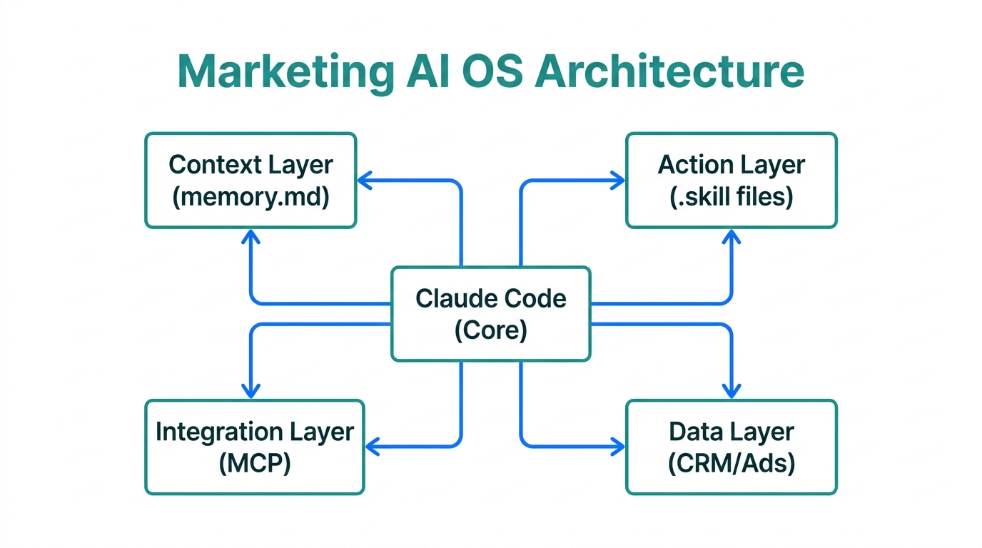 The structural components of a centralized Marketing AI Operating System.