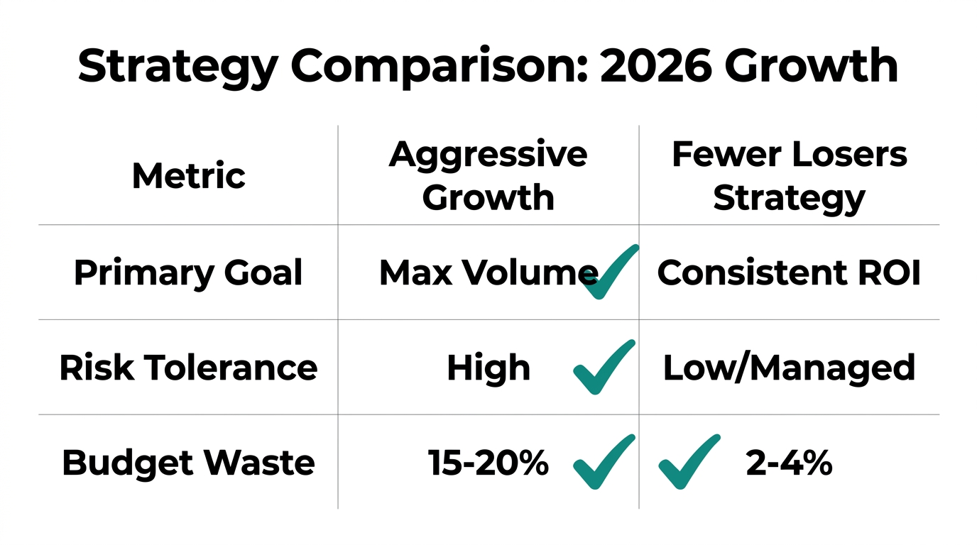 Comparison between high-risk aggressive growth and the 'Fewer Losers' strategic approach.