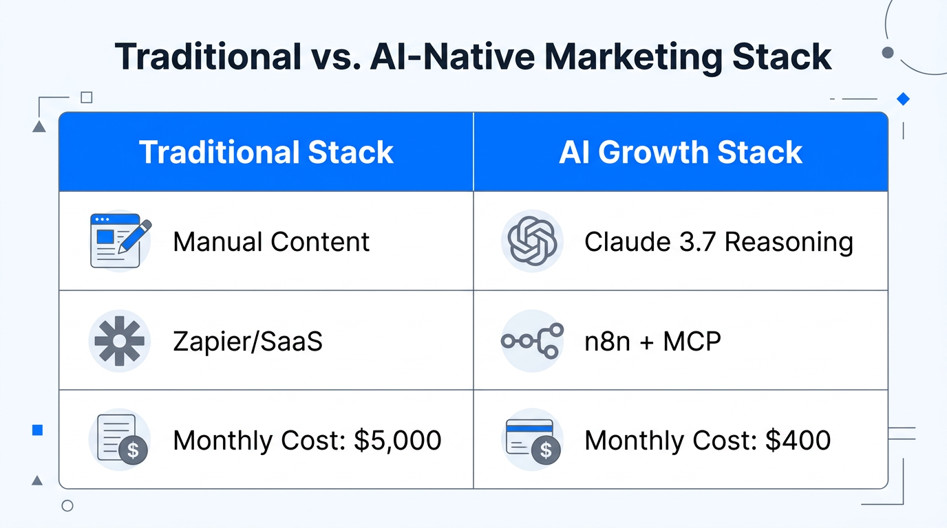 Comparison of costs and efficiency between traditional and AI-driven marketing stacks.