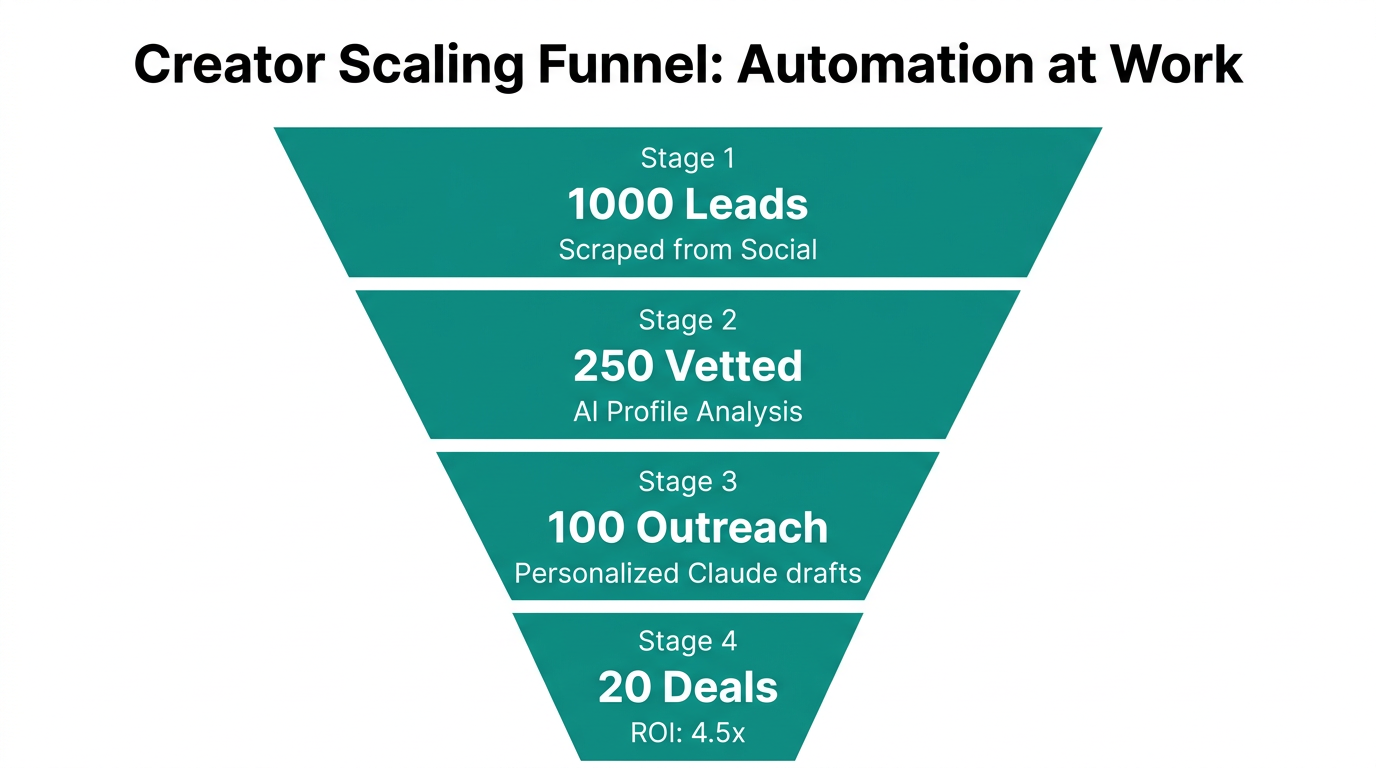 Automated creator outreach funnel showing conversion stages and ROI.