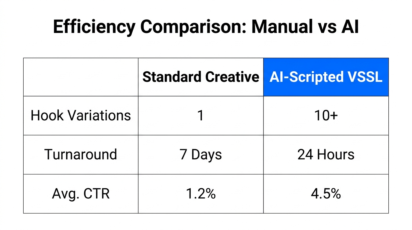 Efficiency and performance metrics comparing manual creative vs AI-scripted testing.