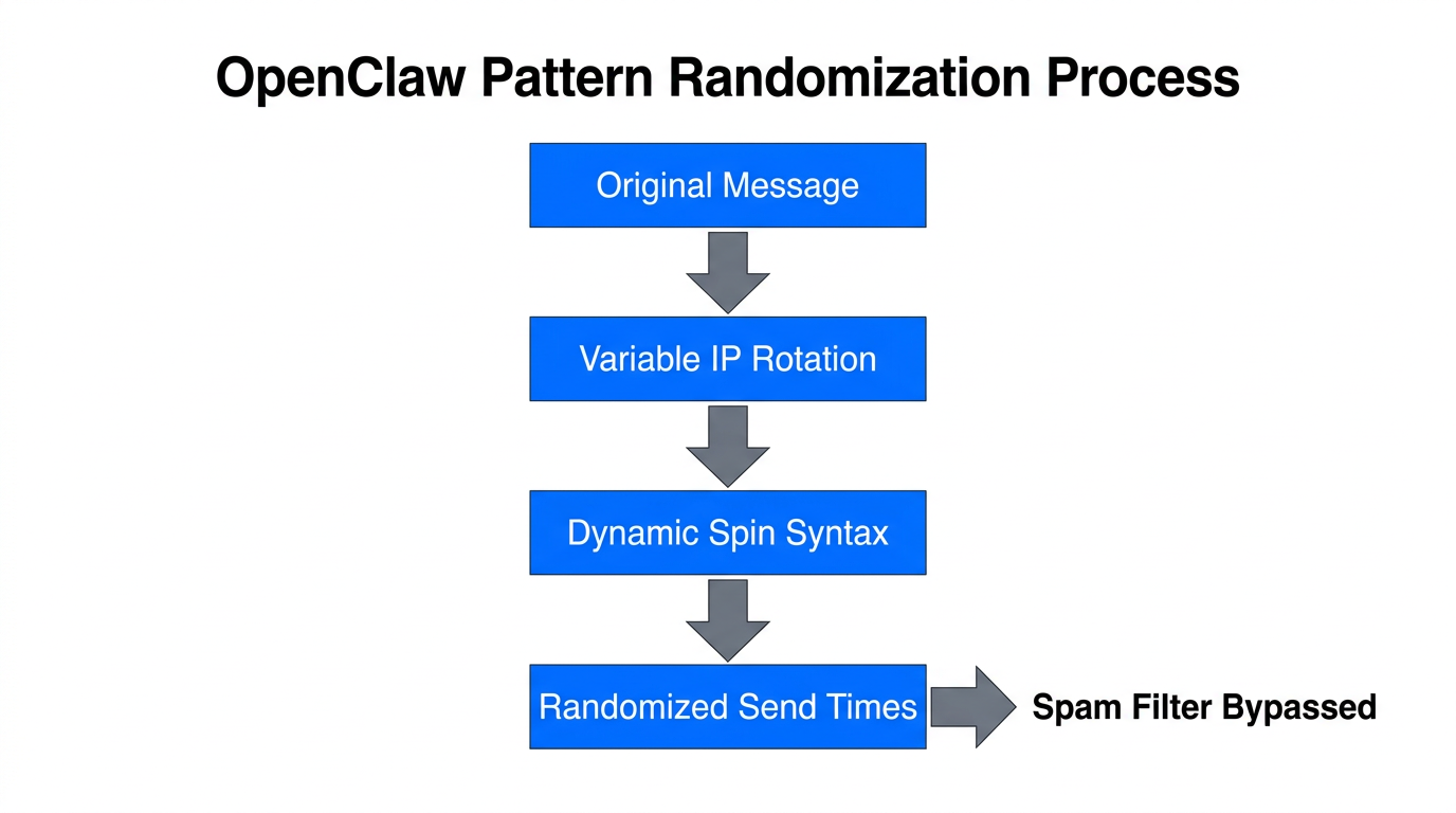 Workflow showing how randomization variables bypass modern AI spam filters.