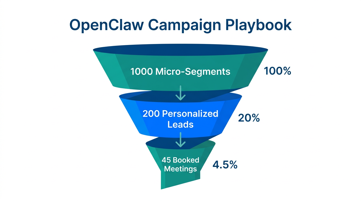 The OpenClaw campaign funnel from micro-segmentation to booked meetings.