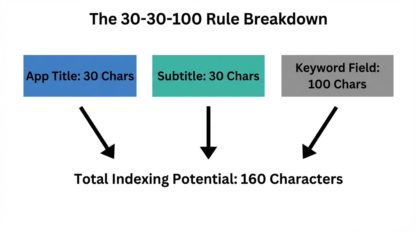 Visual breakdown of the 30-30-100 character limits for iOS metadata.
