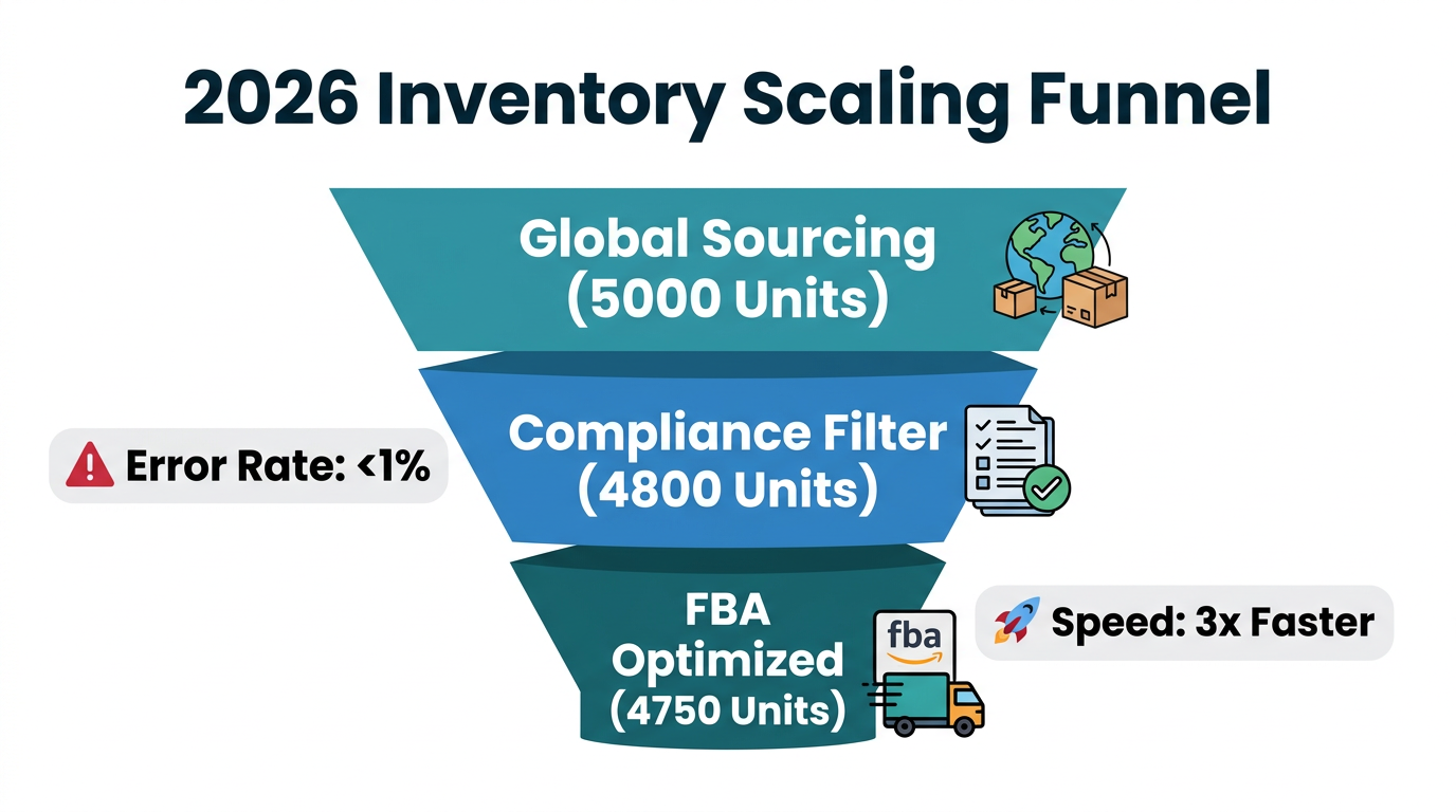 Efficiency funnel for scaling FBA inventory through automated compliance and vetting.