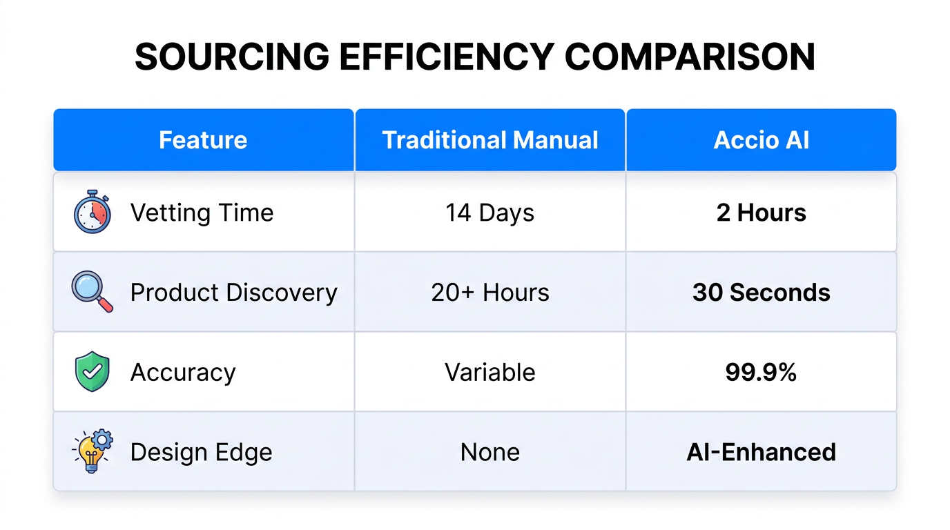 Performance metrics: Manual sourcing vs. Accio AI automated tools.