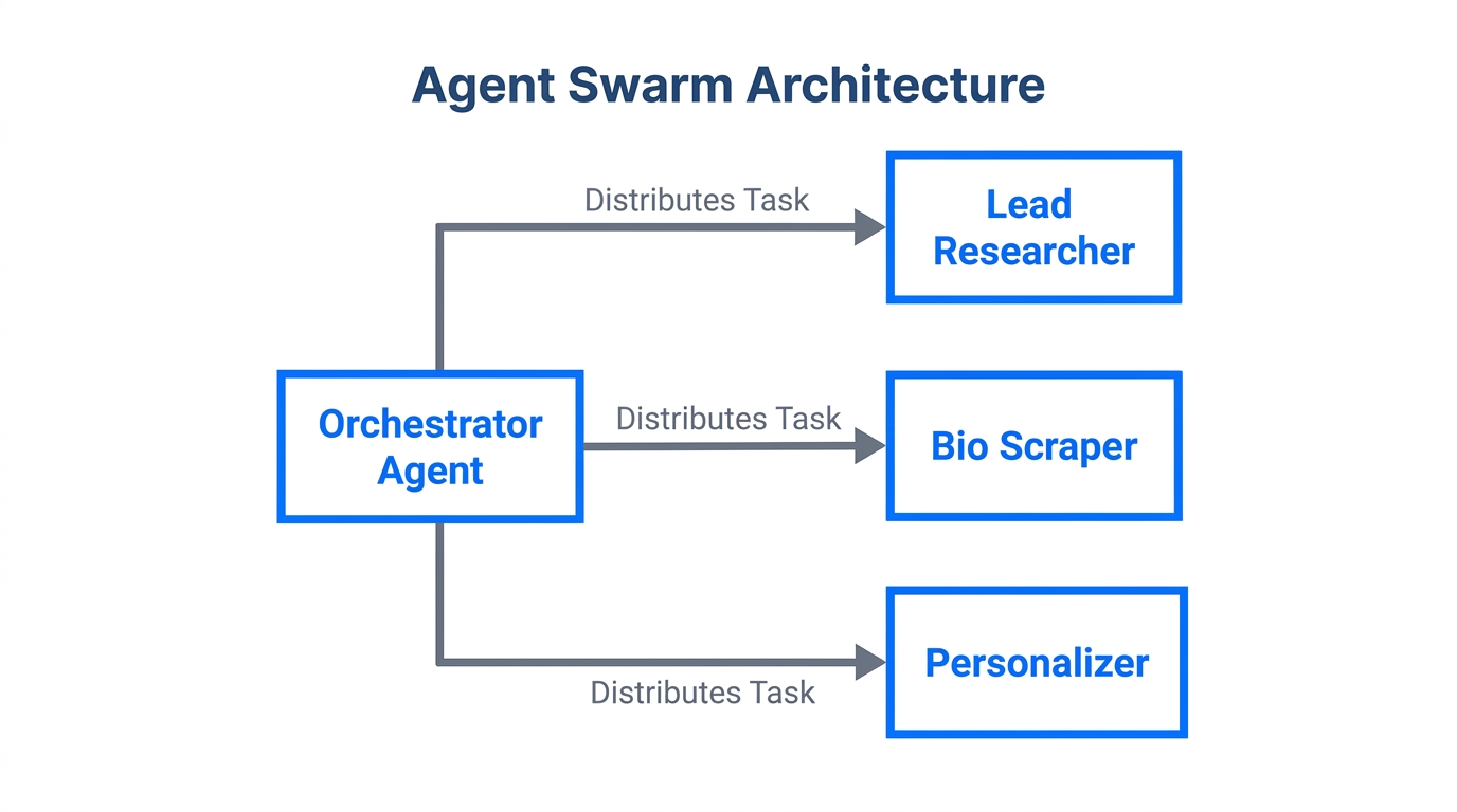Architecture of a multi-agent swarm delegating specialized sales tasks.