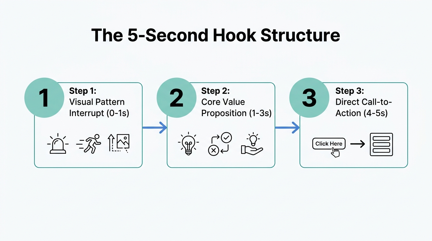 The essential three-step sequence for a high-converting 5-second video hook.