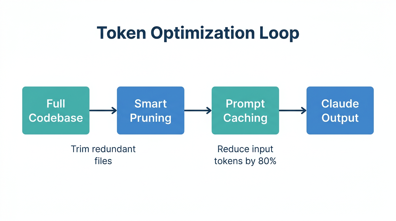 Workflow showing how context pruning and prompt caching reduce token costs.