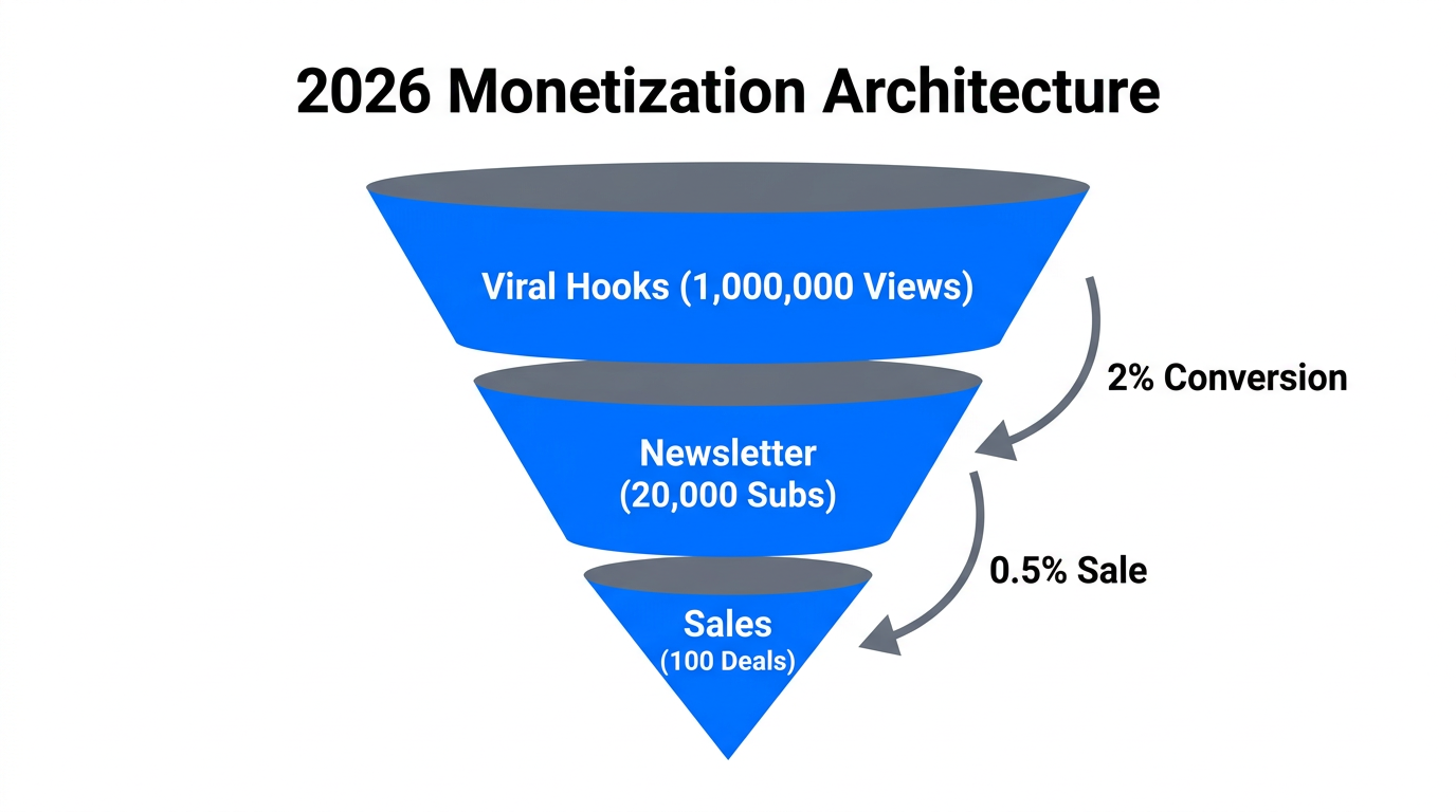 Sales funnel mapping viral distribution to high-ticket revenue.