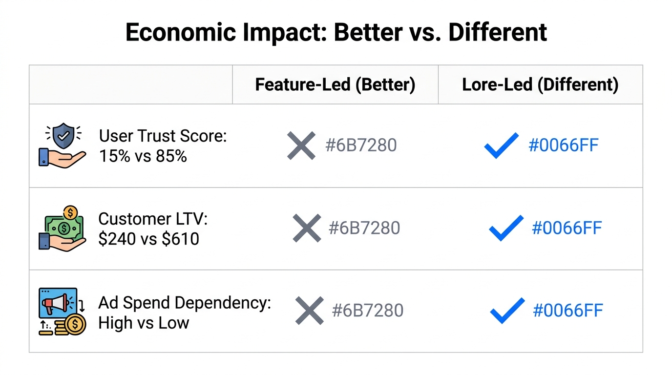 A data-backed comparison of feature-led versus lore-led marketing economics.