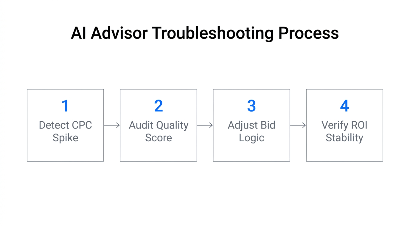 Four-step automated troubleshooting workflow for Google Ads AI agents.